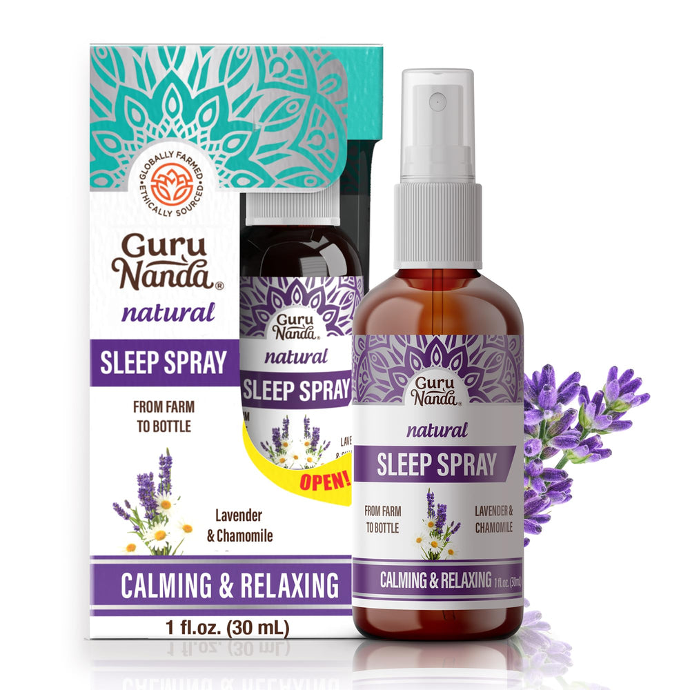GuruNanda spray frente mostrando botella y diseño, aroma relajante