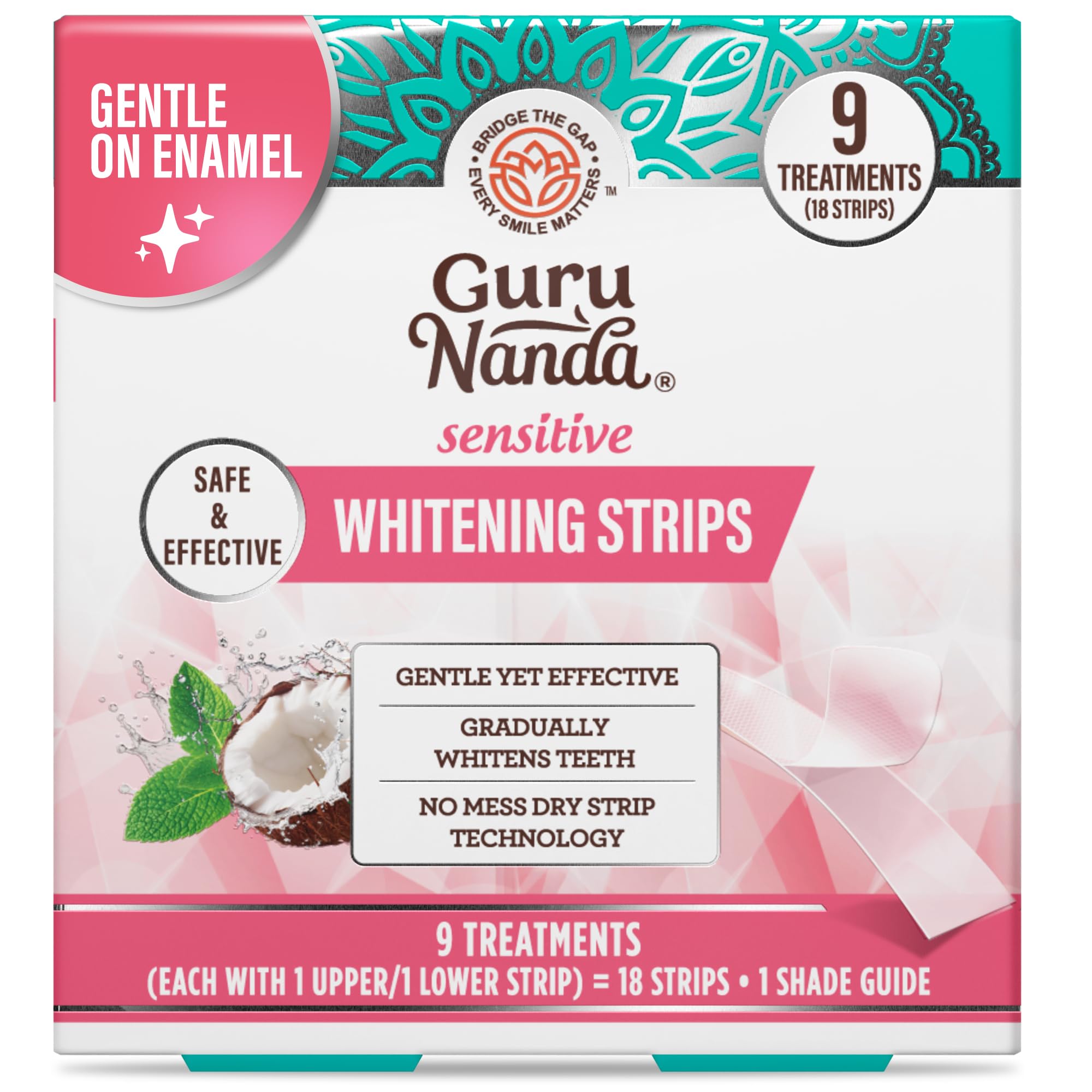GuruNanda paquete frontal mostrando tiras blanqueadoras y beneficios