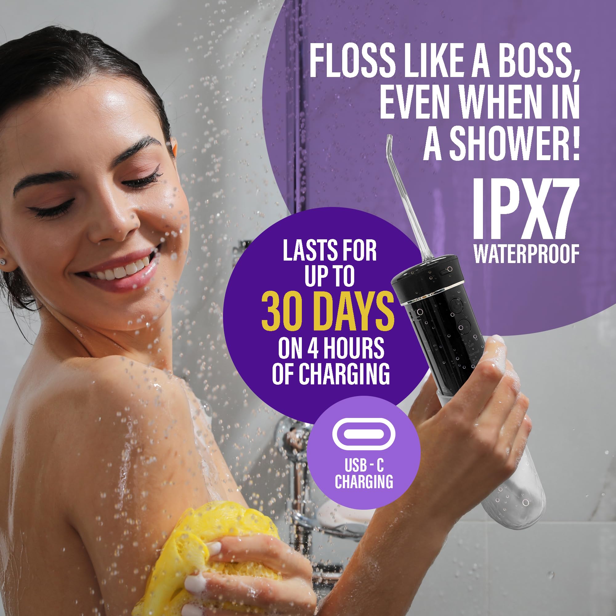 GuruNanda en uso en baño, diseño IPX7 para uso bajo la ducha