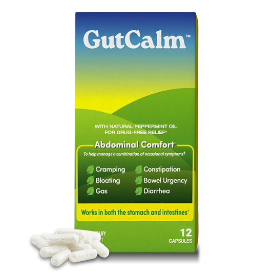 GutCalm envase frontal mostrando cápsulas y beneficio alivio rápido