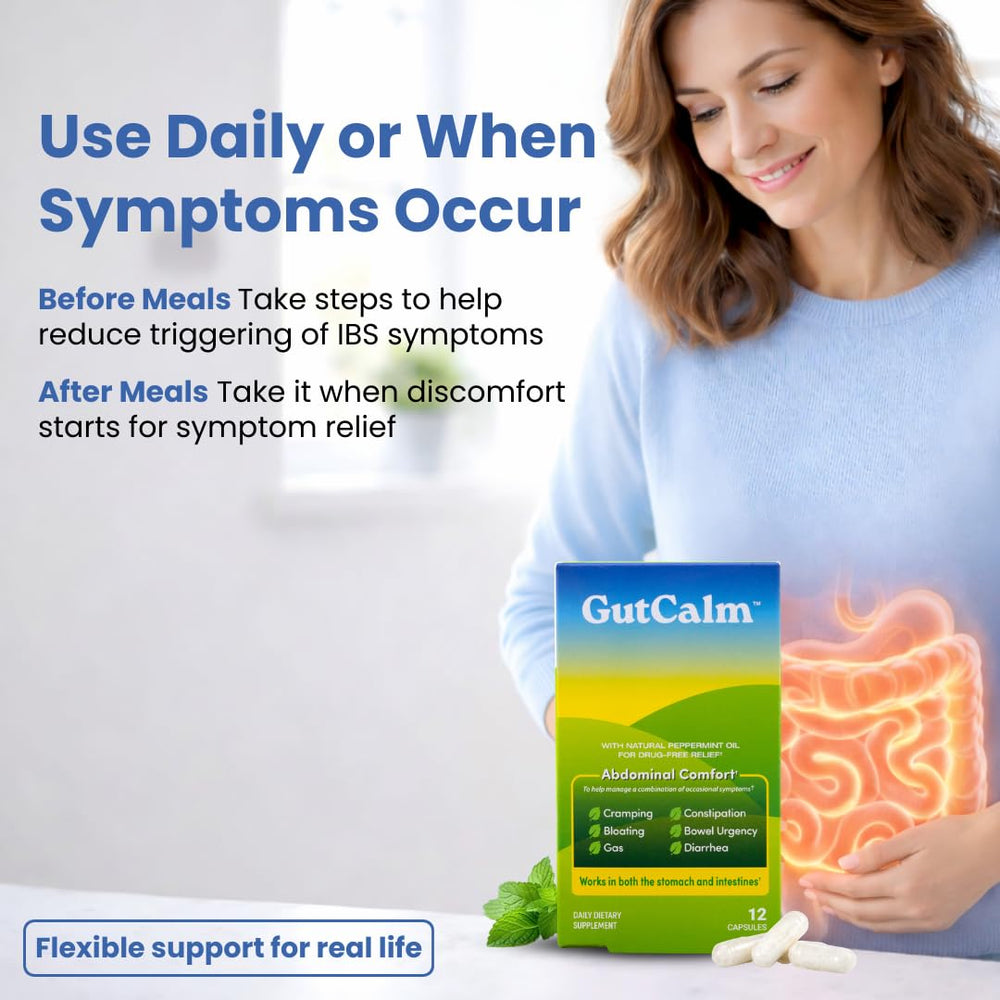 Persona tras comer sosteniendo GutCalm listo para uso inmediato