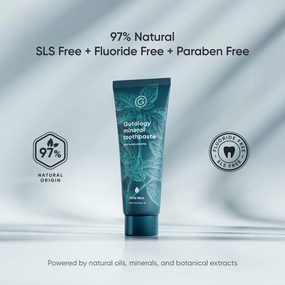 Gutology etiqueta con lista de ingredientes, beneficio: transparente y sin fluor