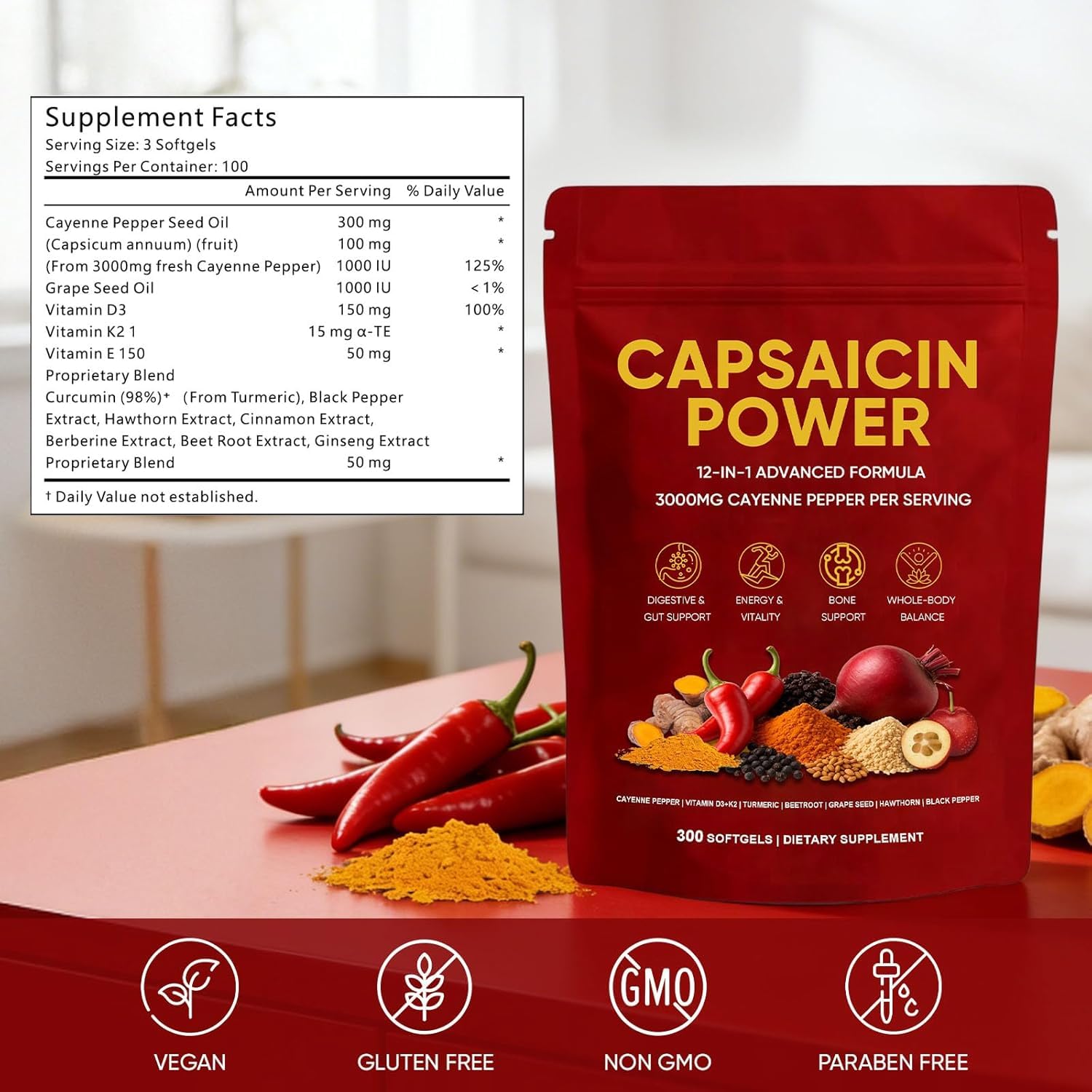 GXSAE etiqueta nutricional detallada mostrando vitaminas D3 y K2