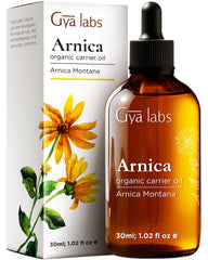 Gya Labs botella frontal de aceite de árnica orgánico con etiqueta clara y beneficios