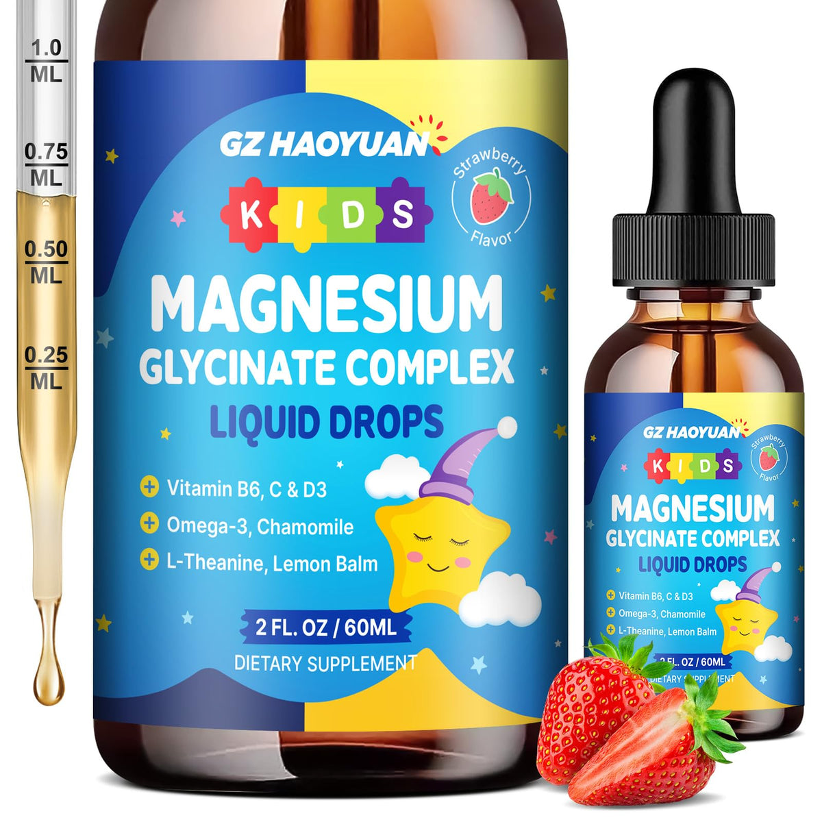 GZ HAOYUAN frente del envase mostrando ingredientes y sabor fresa para aceptación infantil