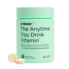 H-PROOF frontal del empaque mostrando 40 tabletas masticables y beneficio práctico
