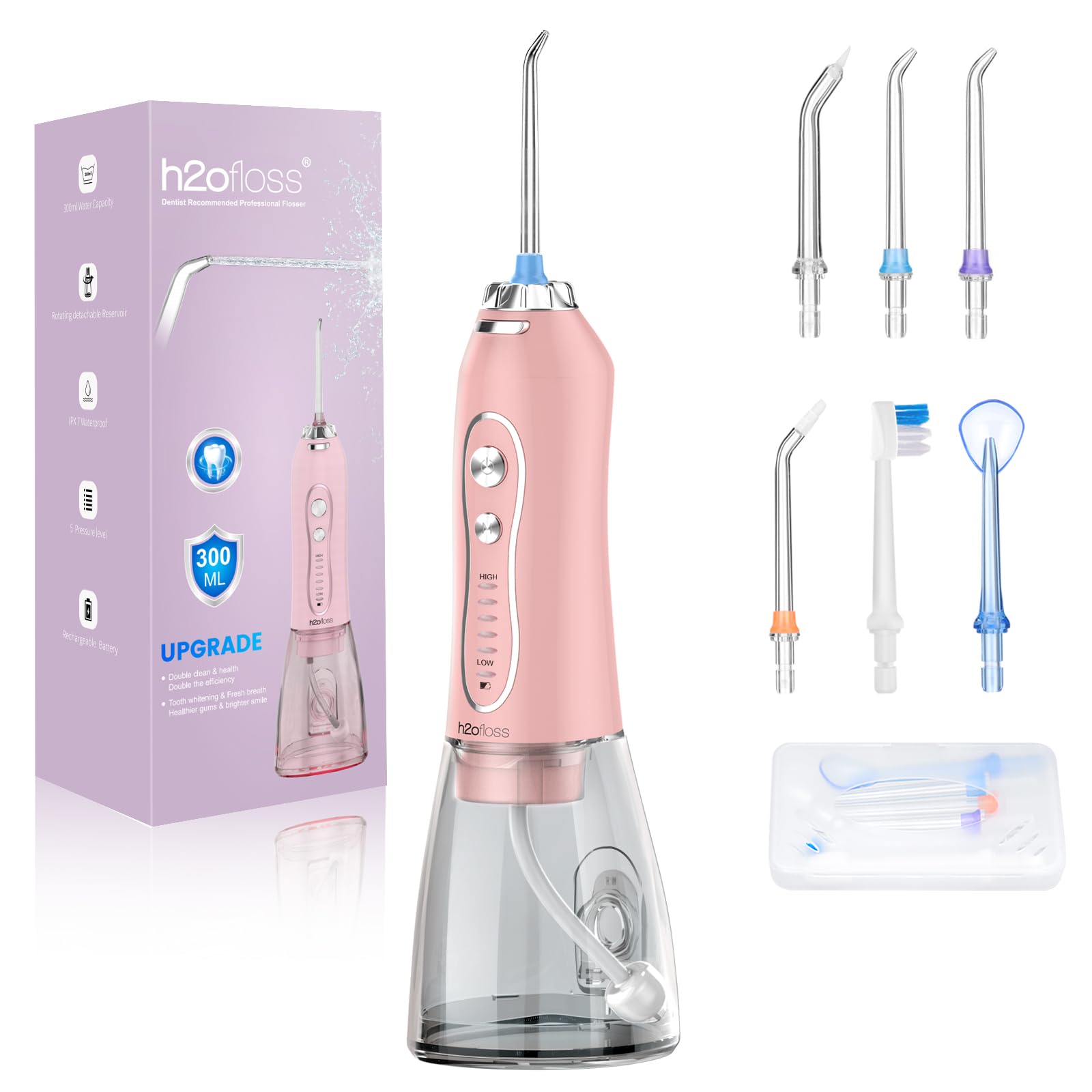 H2ofloss frontal del irrigador rosa mostrando diseño portátil y elegante