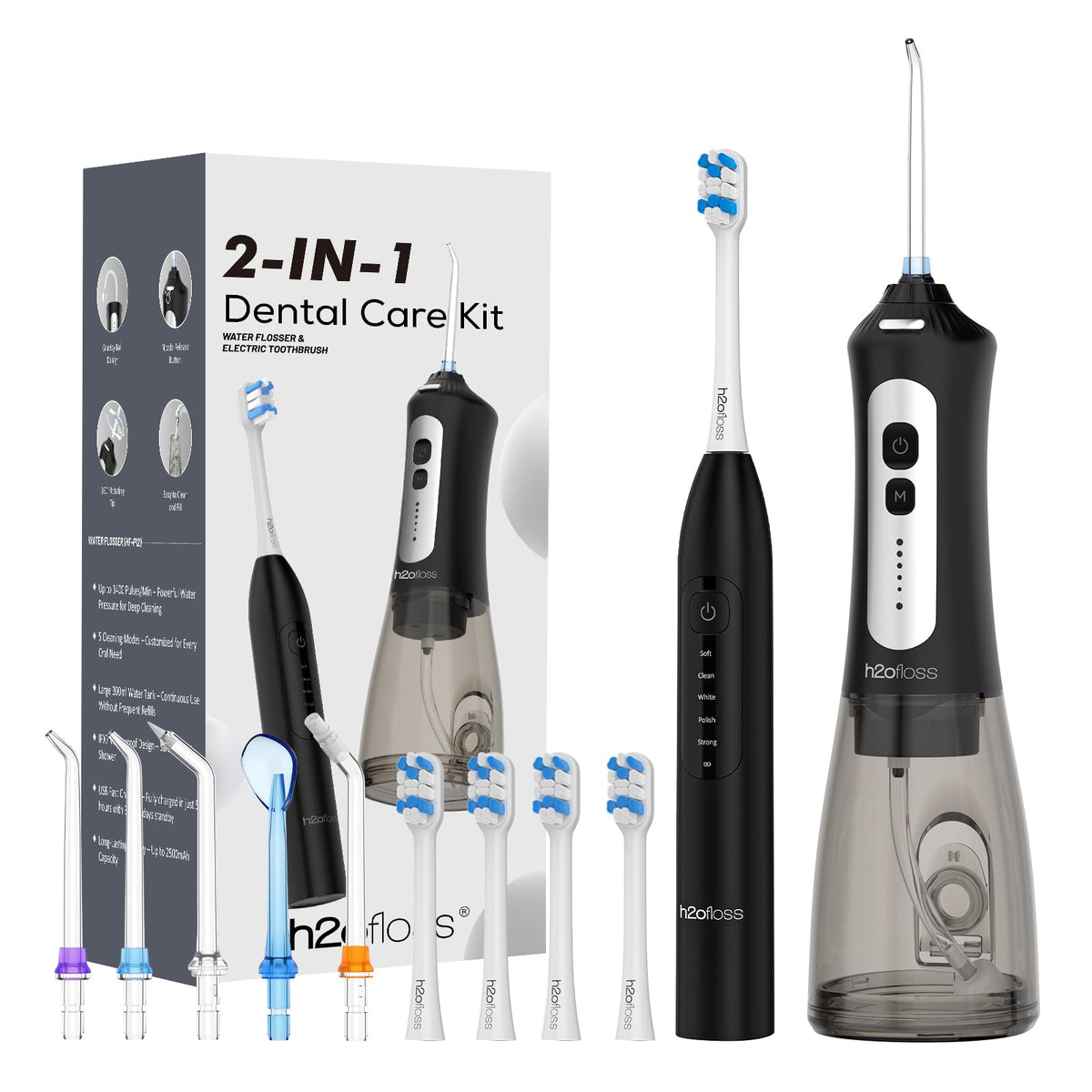 H2ofloss kit frontal mostrando cepillo e irrigador para higiene completa