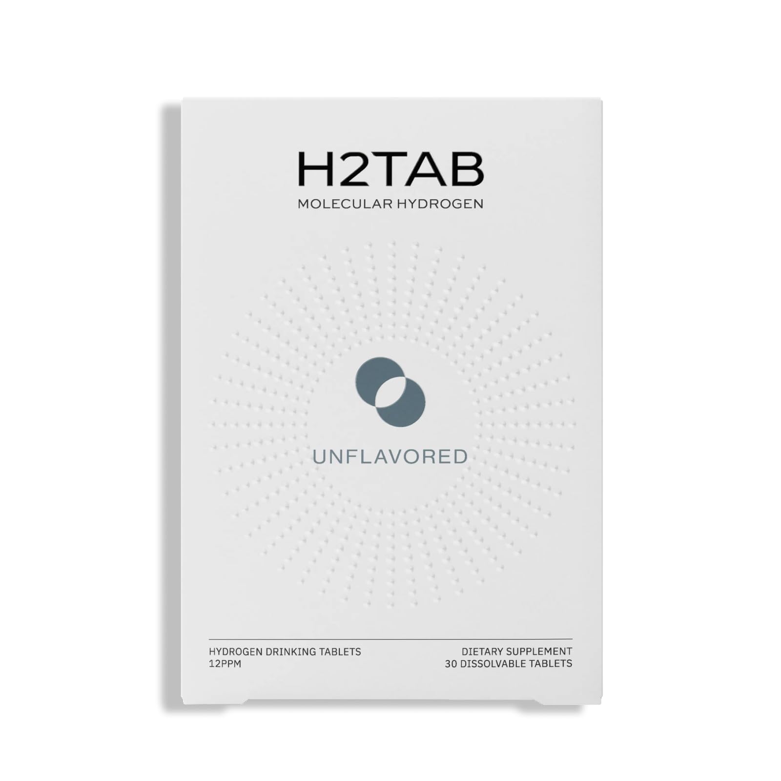 H2Tab frente del envase que muestra 30 tabletas y conveniencia portátil