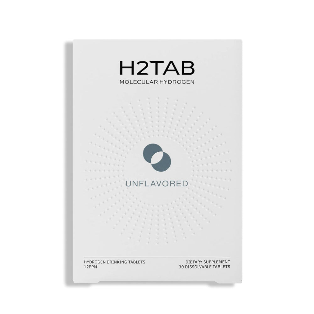 H2Tab frente del envase que muestra 30 tabletas y conveniencia portátil