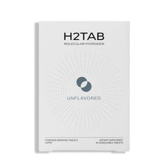 H2Tab frente del envase que muestra 30 tabletas y conveniencia portátil