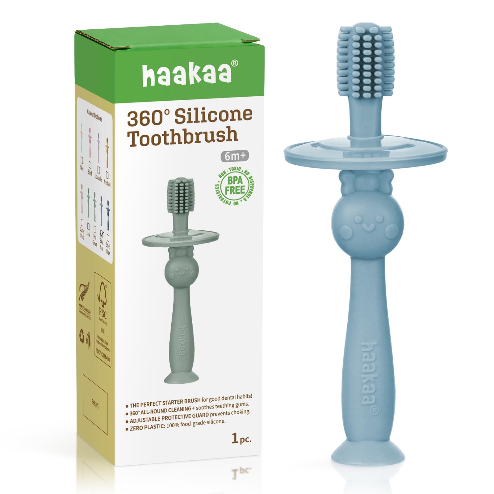 haakaa cepillo 360 frontal mostrando empaque y beneficio higiene inicial