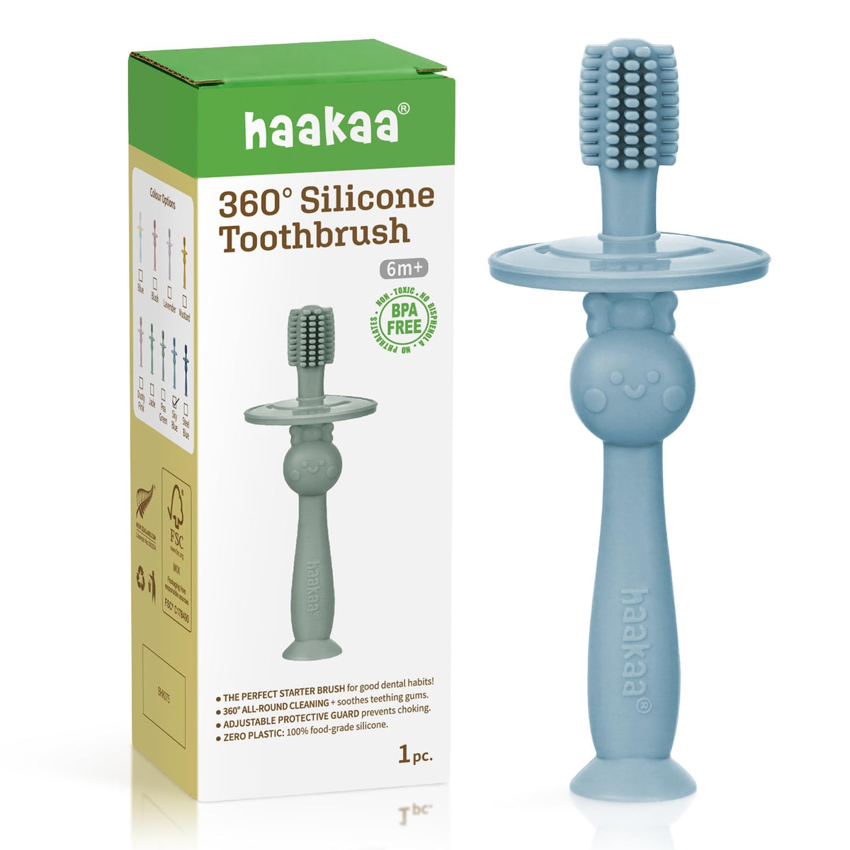 haakaa cepillo 360 frontal mostrando empaque y beneficio higiene inicial