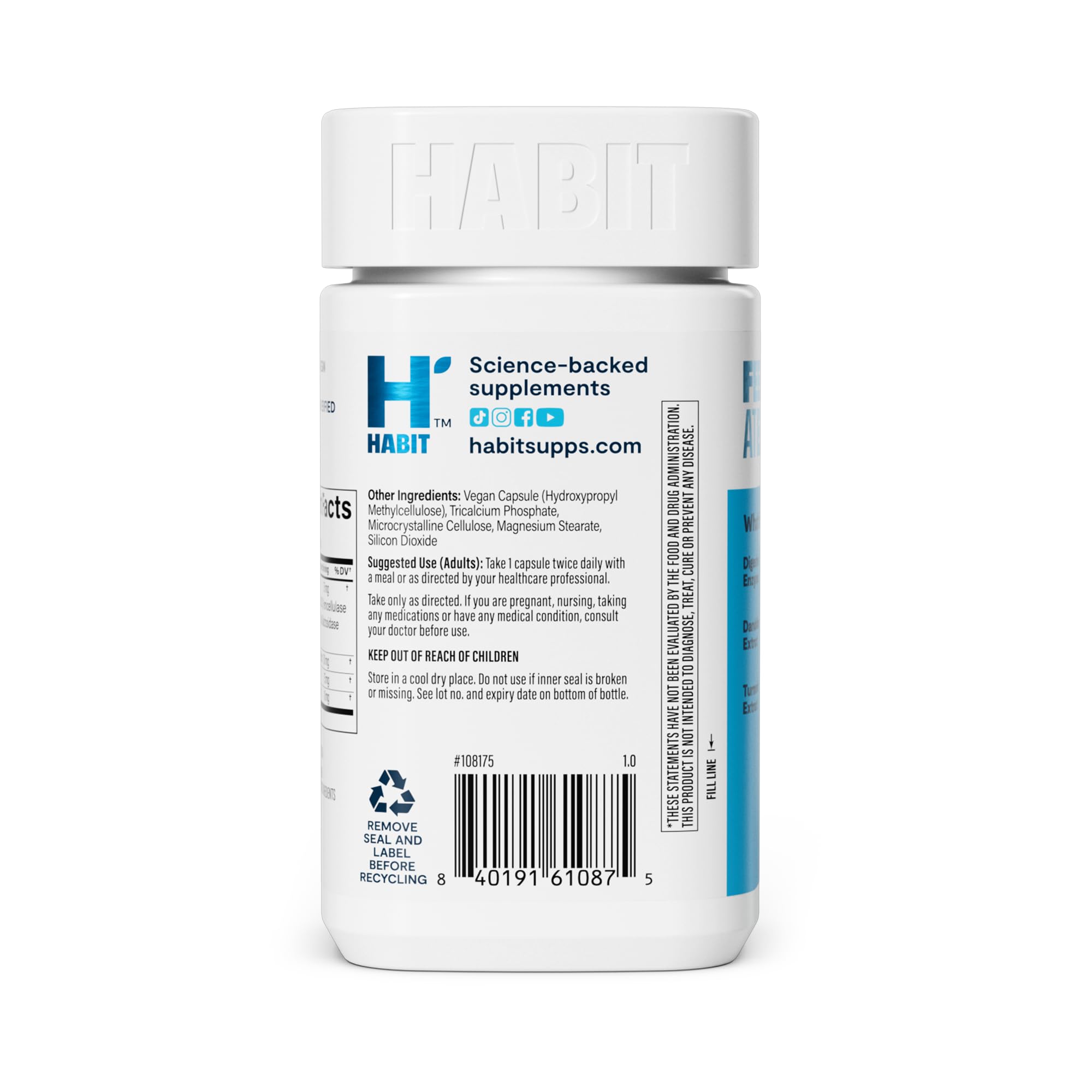 Health By Habit frasco Debloat sostenido en mano para comparar tamaño y dosis
