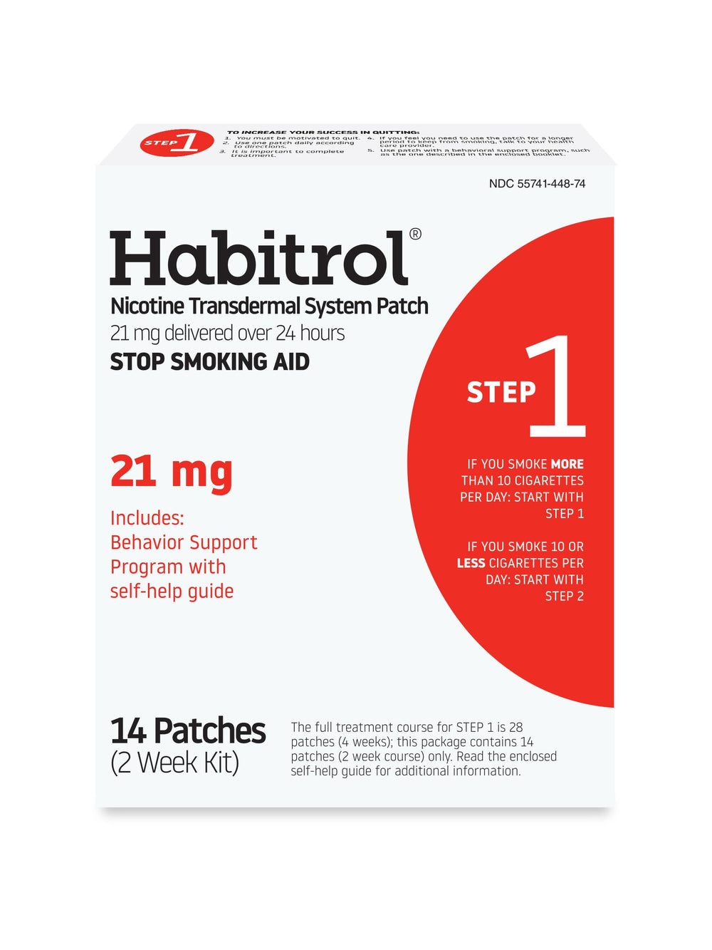 Habitrol empaque frontal mostrando 14 parches y programa de 8 semanas, ayuda al control
