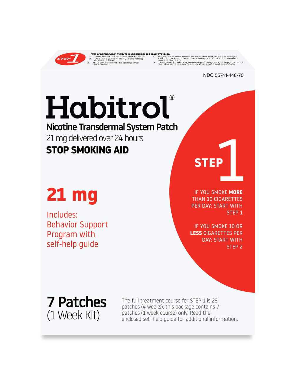Habitrol parche 21 mg vista frontal del empaque que indica la etapa 1 y beneficio de liberación continua