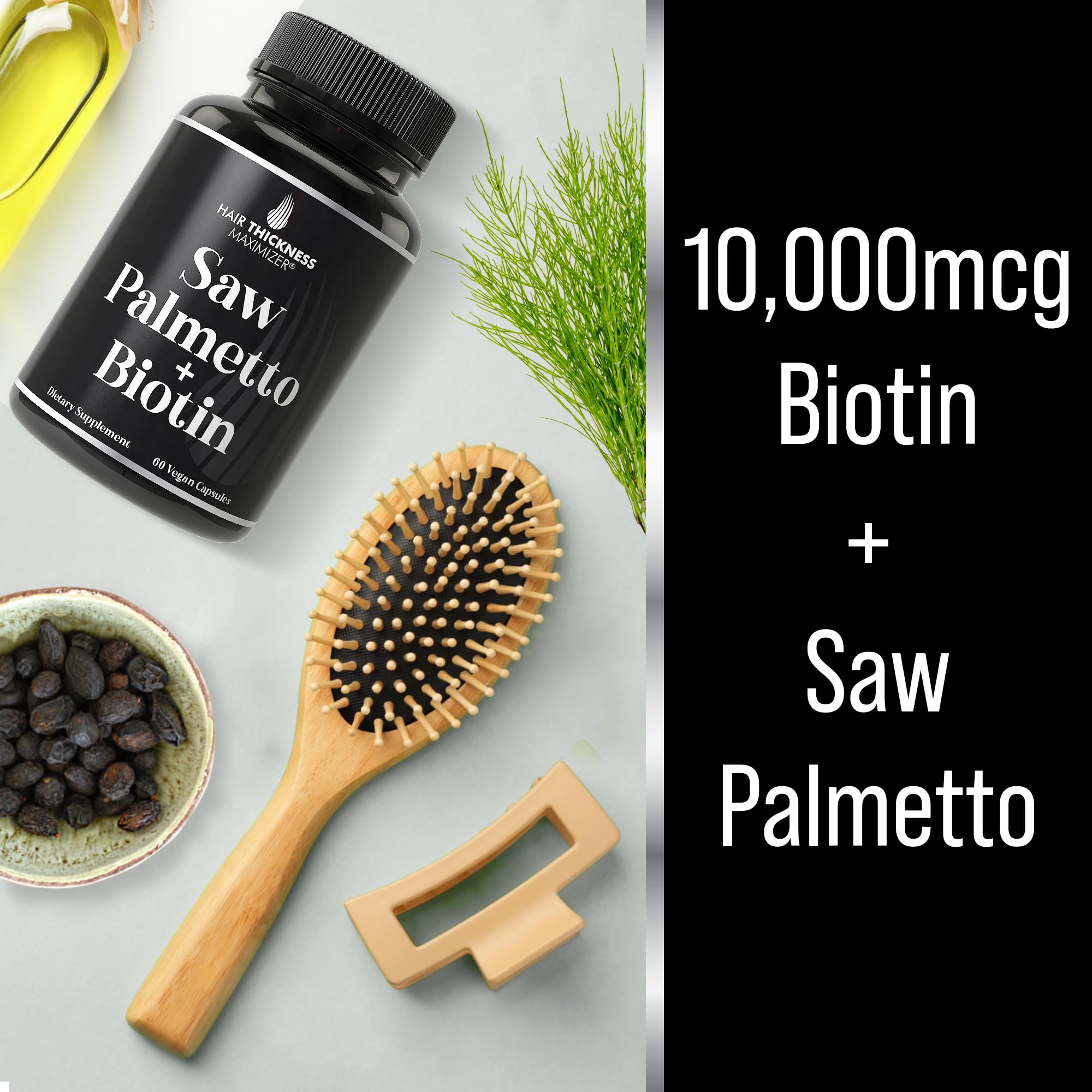Hair Thickness Maximizer botella con etiqueta clara y lista de ingredientes
