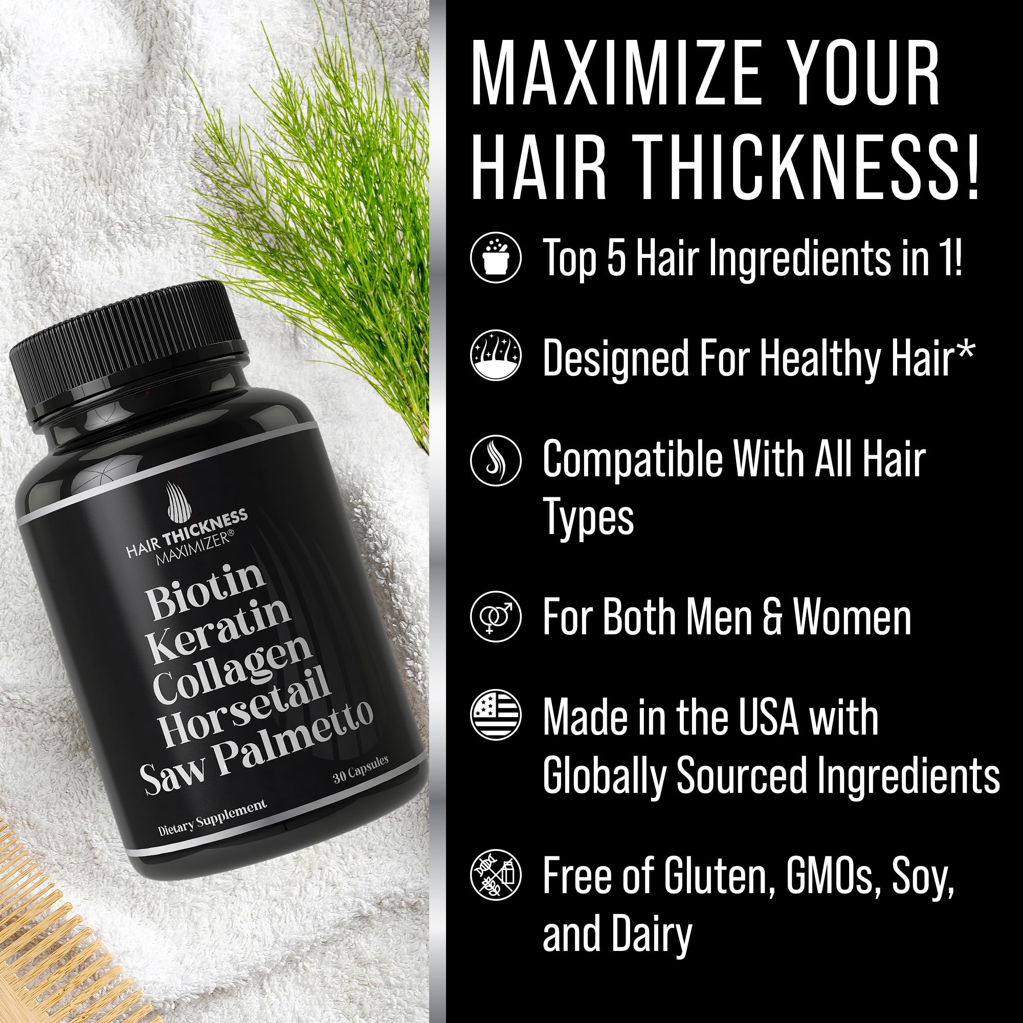 Hair Thickness Maximizer cápsulas en primer plano destacando textura y pureza