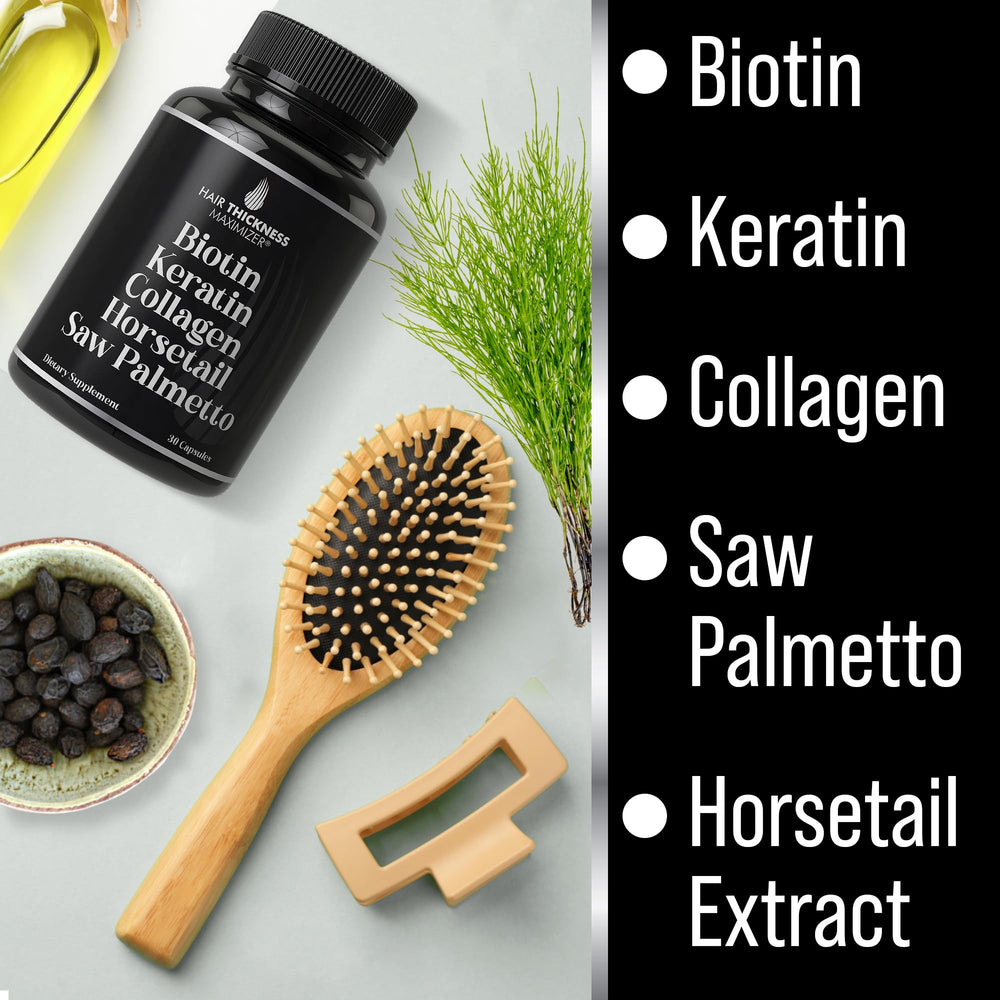 Hair Thickness Maximizer ingredientes clave dispuestos: biotina y keratina visibles