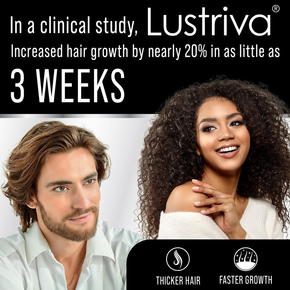 Hair Thickness Maximizer Lustriva botella abierta con cápsulas lista para uso diario