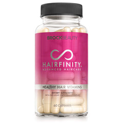 Hairfinity frente del envase mostrando diseño y cantidad para un mes