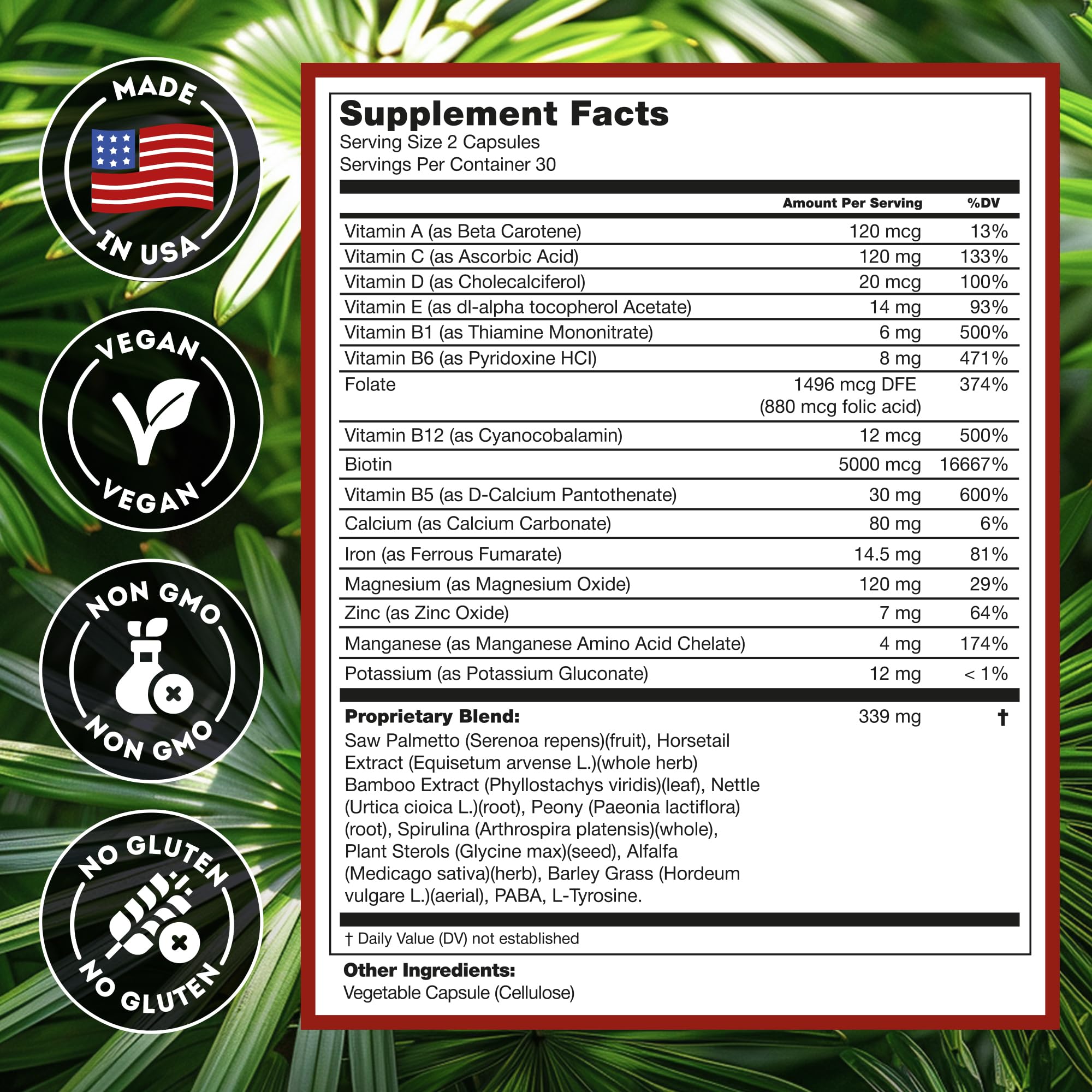 Hairo Nutrition ingredientes naturales (saw palmetto, biotina) sobre mesa, aporte nutritivo