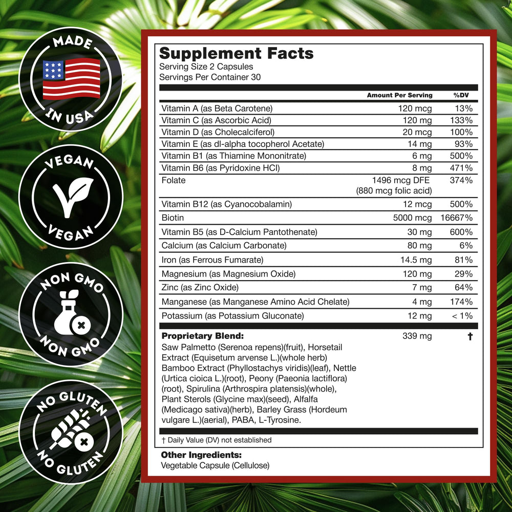 Hairo Nutrition ingredientes naturales (saw palmetto, biotina) sobre mesa, aporte nutritivo