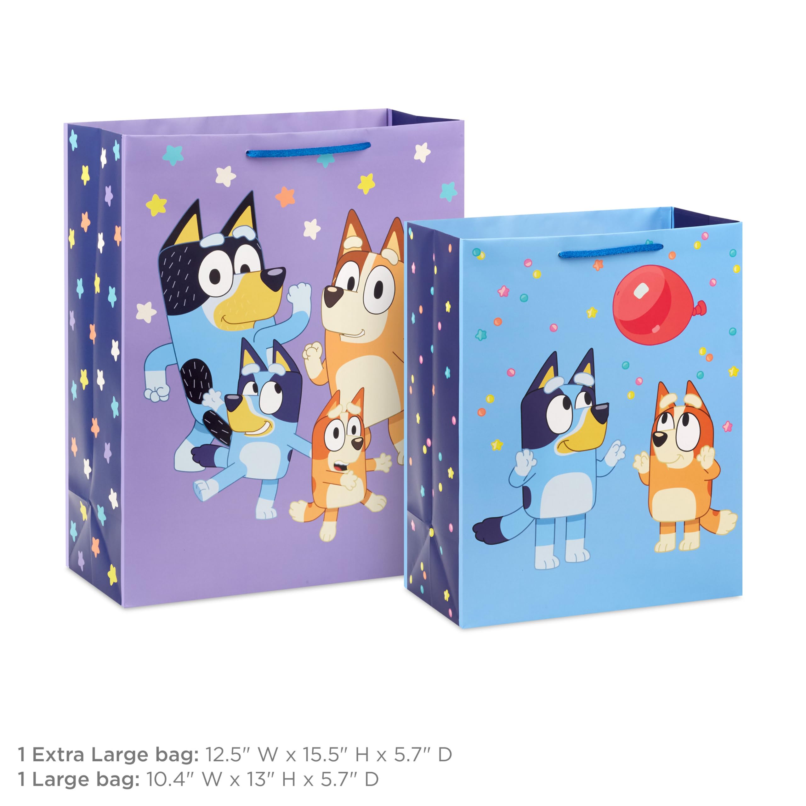 Hallmark bolsa Bluey diseño púrpura con la familia Heeler bailando, alegre para fiestas