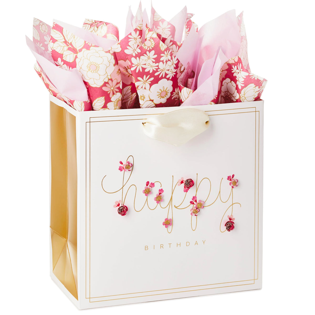 Hallmark bolsa frontal con flores rosas y mensaje dorado, aspecto festivo