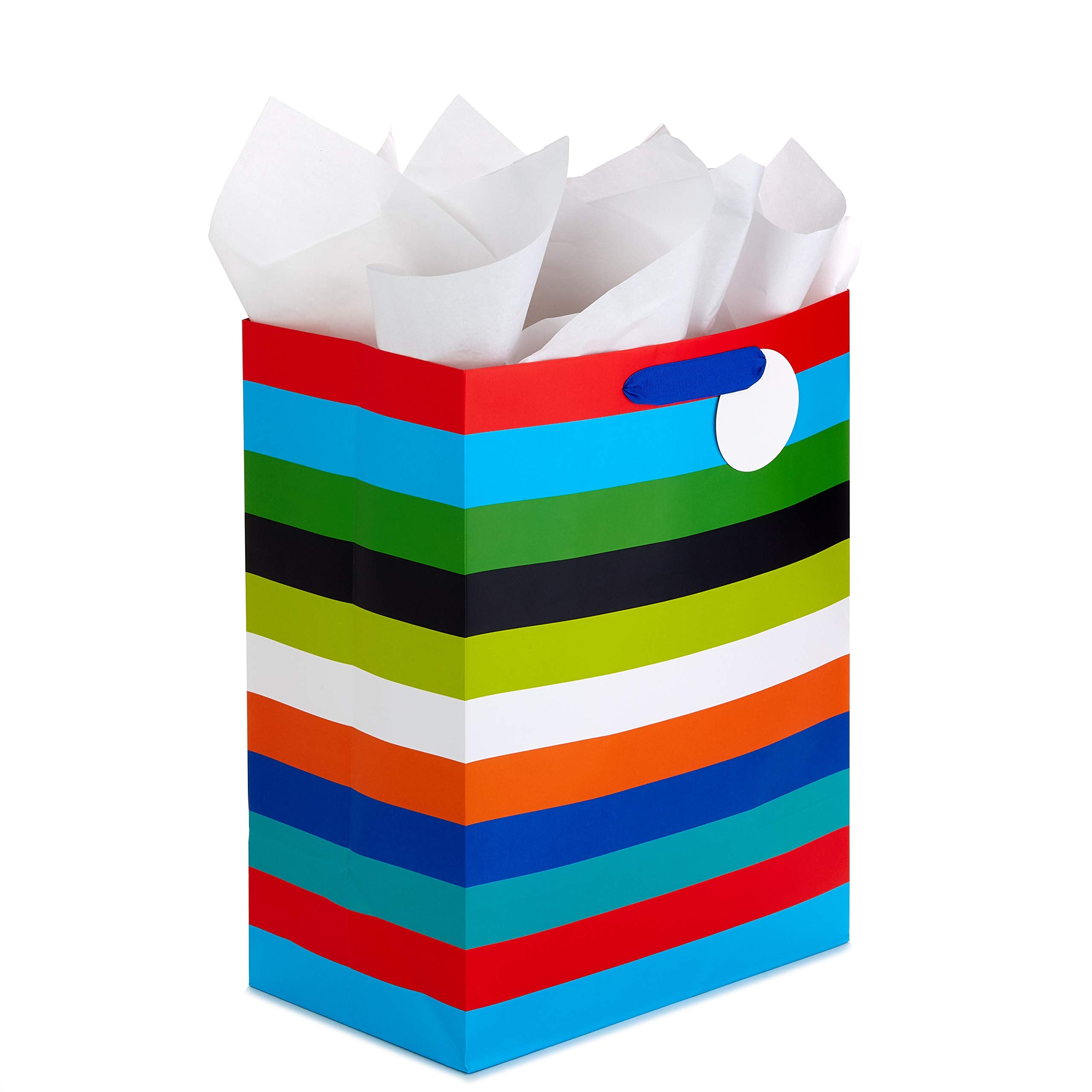 Hallmark bolsa XL vista frontal con rayas coloridas y apariencia festiva