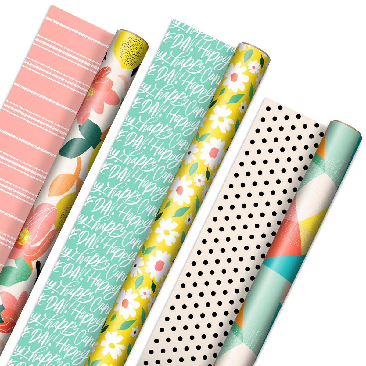 Hallmark frente del paquete mostrando los tres rollos y variedad de diseños, ideal para regalar