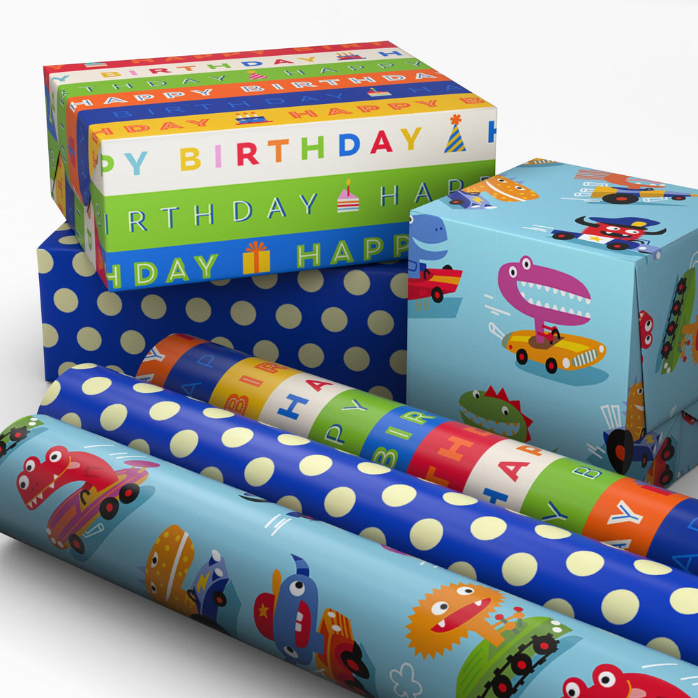 Hallmark paquete frontal con tres mini rollos mostrando diseños festivos y ahorro de espacio