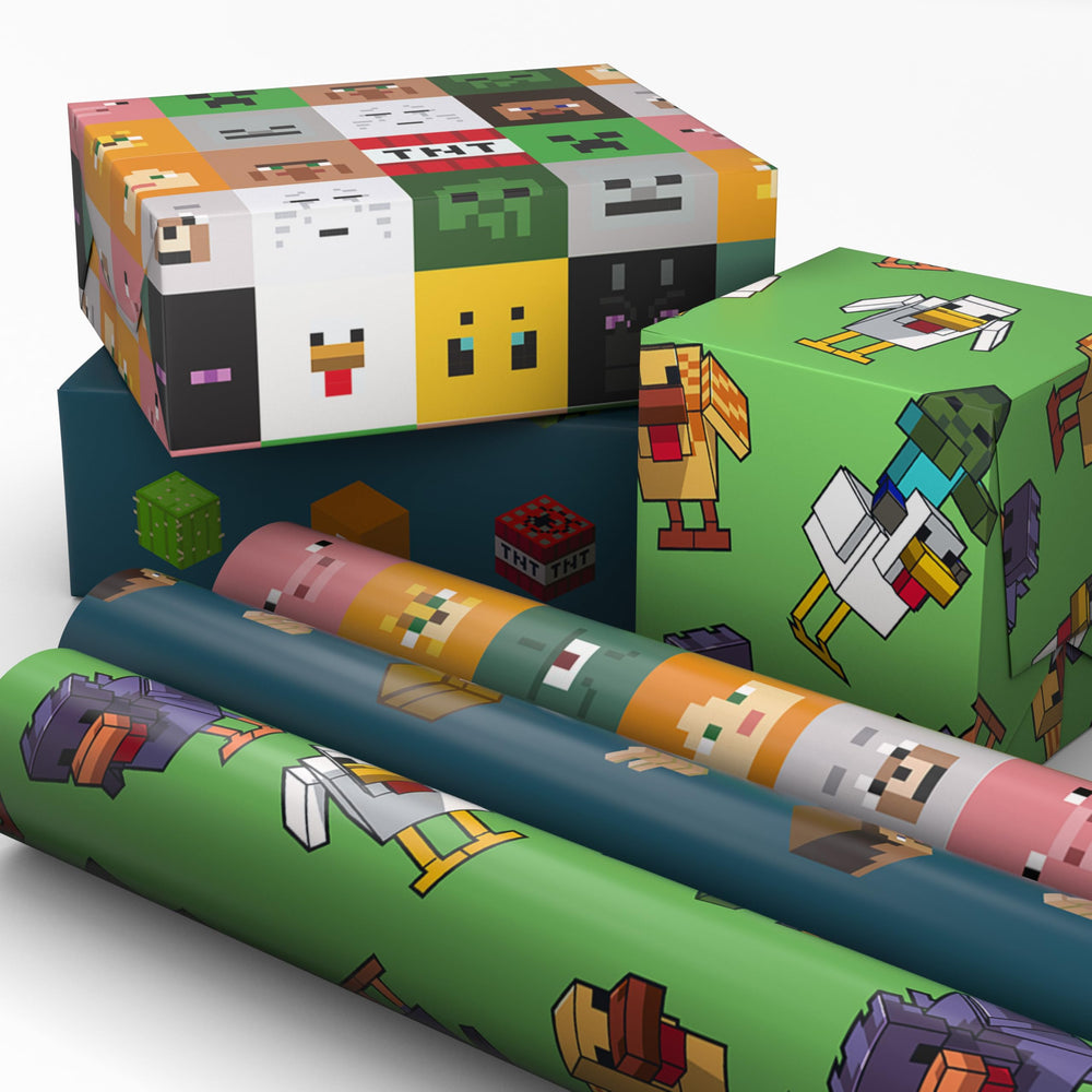 Hallmark mini rollos Minecraft frontal del embalaje mostrando los tres diseños y variedad