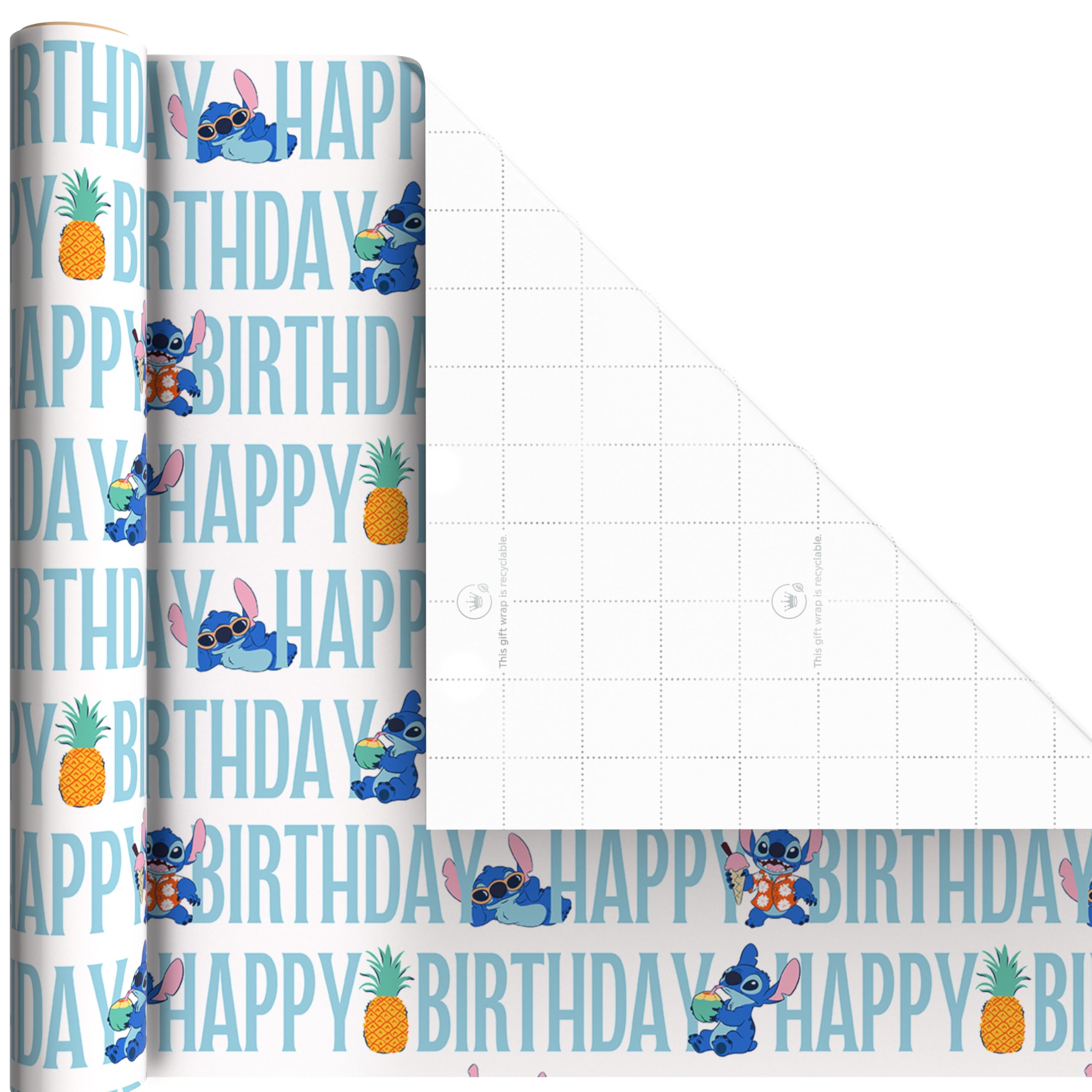 Hallmark regalo envuelto con diseño Stitch demostrando uso práctico