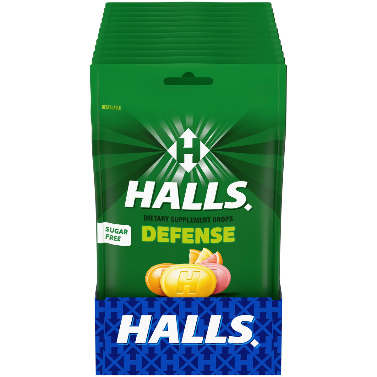 HALLS Defense caja frontal mostrando 12 bolsas, útil para almacenamiento