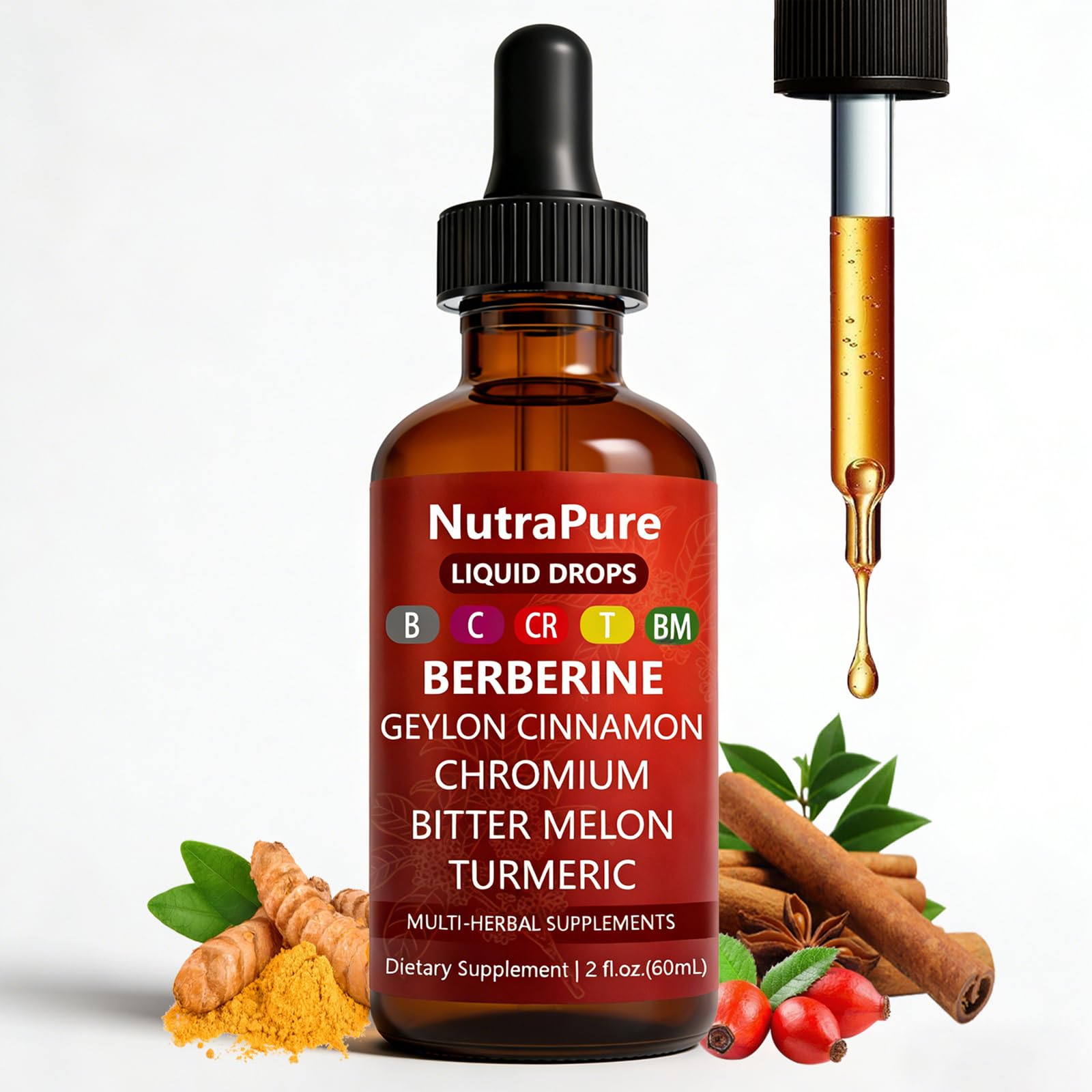 Halpilt frasco frontal Nutrapure Berberine mostrando etiqueta clara y ventaja de dosificación