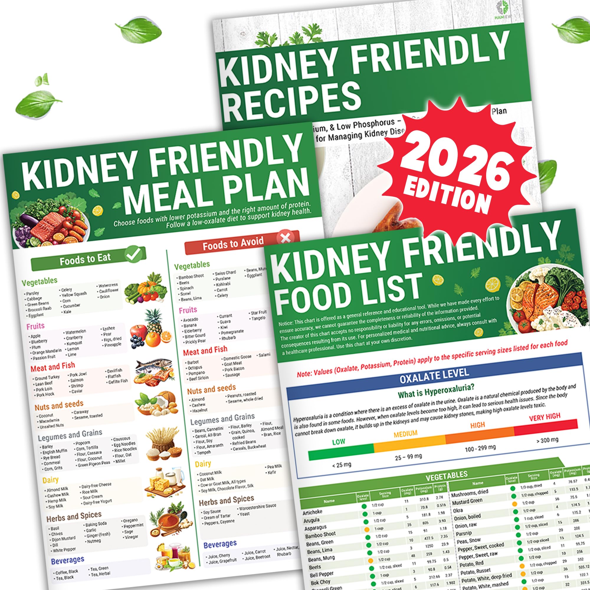 HAMIEW frontal del pack de tres cartas laminadas, guía práctica para dietas renales