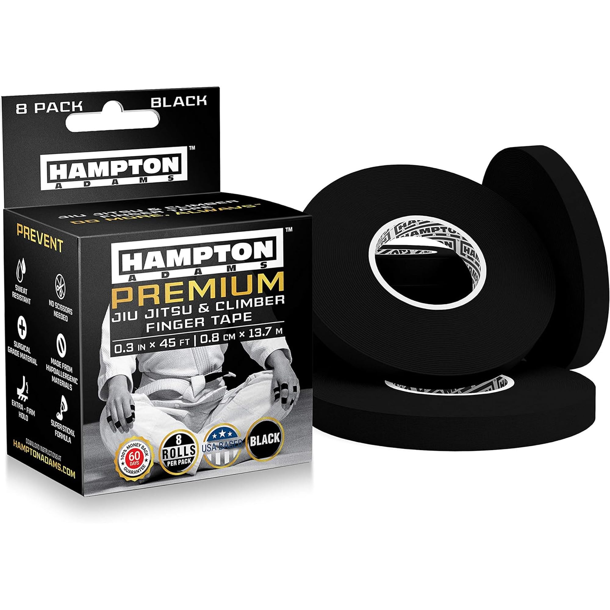 Hampton Adams caja frontal mostrando el rollo y beneficios visibles