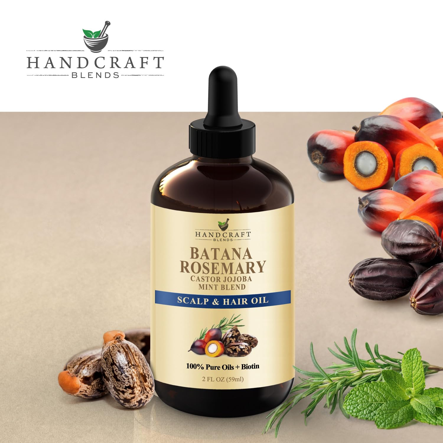 Detalle de etiqueta Handcraft Blends mostrando ingredientes naturales, claridad informativa