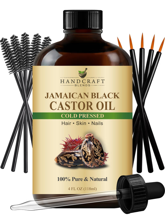Handcraft Blends frasco de vidrio con ricino negro mostrando presentación premium