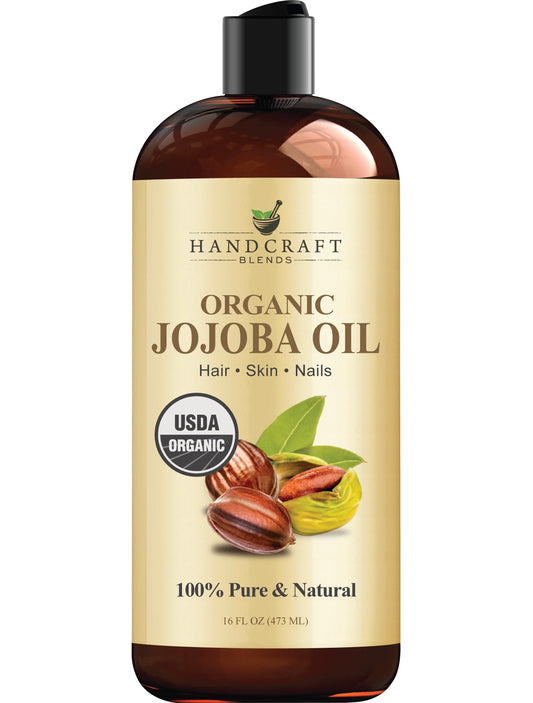 Handcraft Blends botella frontal de aceite de jojoba orgánico mostrando etiqueta clara y tamaño 16 fl oz, ideal para cuidado diario