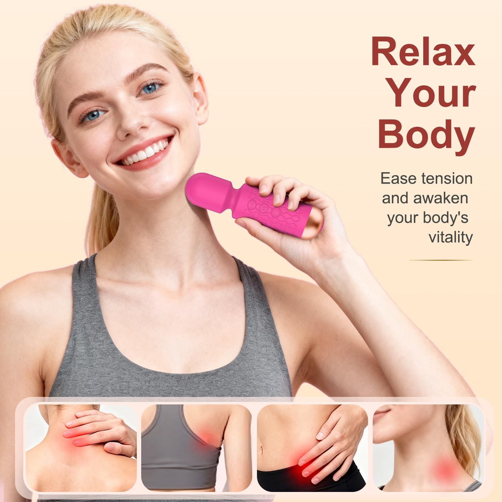 Handheld Massager junto a objetos para comparar tamaño, portátil y ligero