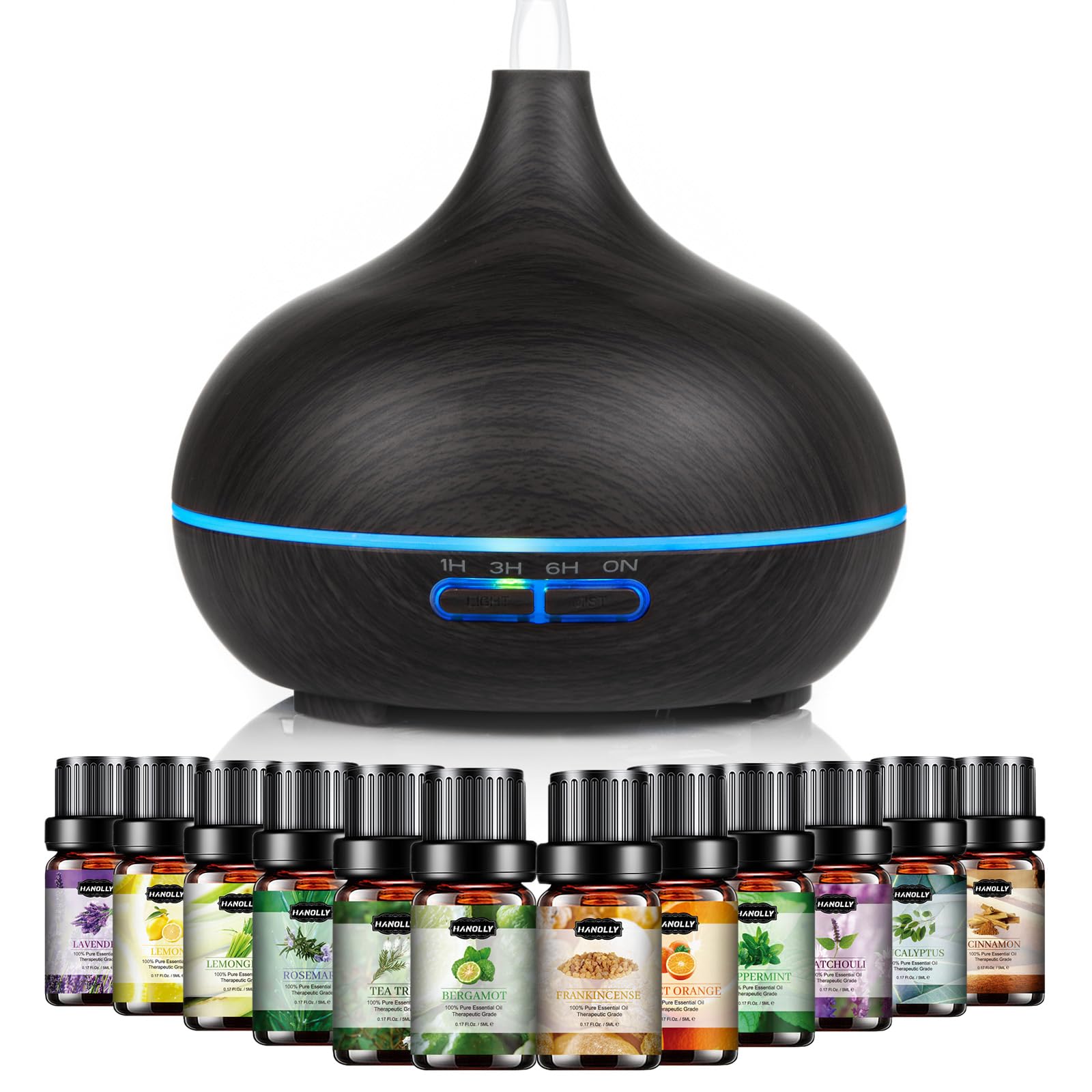 Hanolly difusor frontal 500 ml mostrando diseño compacto y depósito grande para humidificar