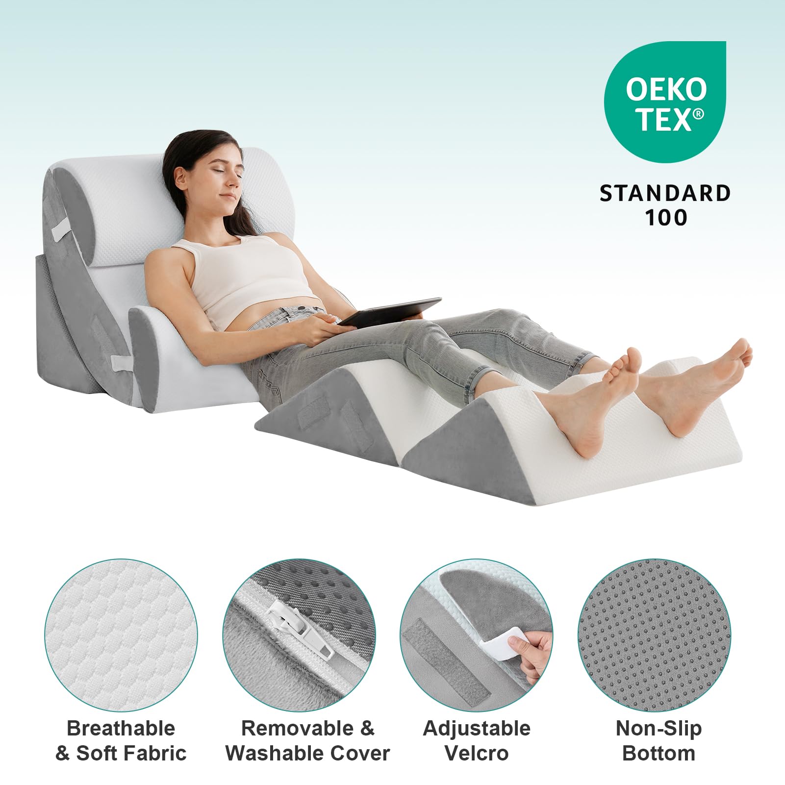 Hansleep cuñas colocadas bajo piernas para mejor circulación y apoyo