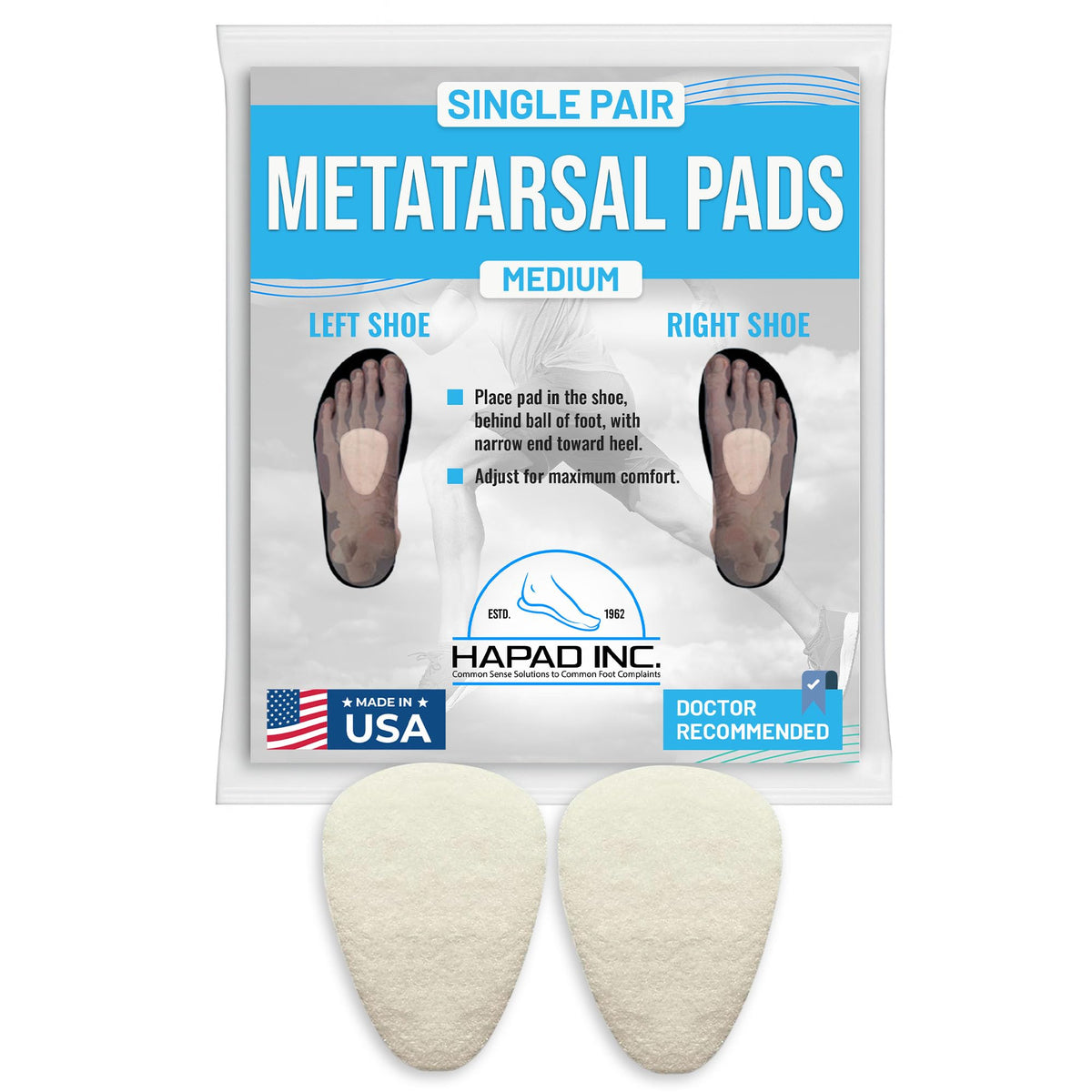 HAPAD vista frontal del pad metatarsal, protección y ajuste inmediato
