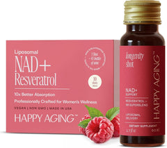 Happy Aging frente del empaque mostrando 10 shots listos para usar y conveniencia