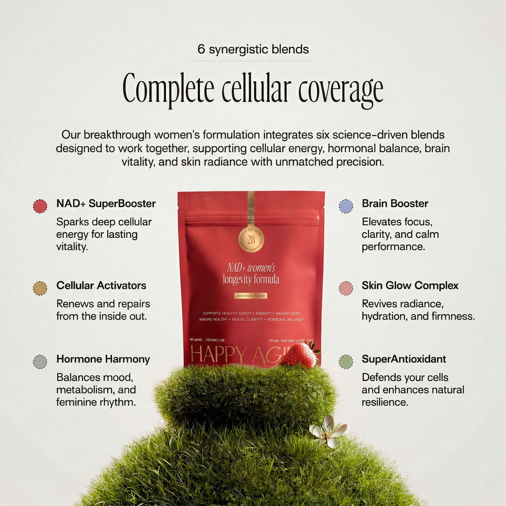Happy Aging ingredientes naturales dispuestos que resaltan antioxidantes
