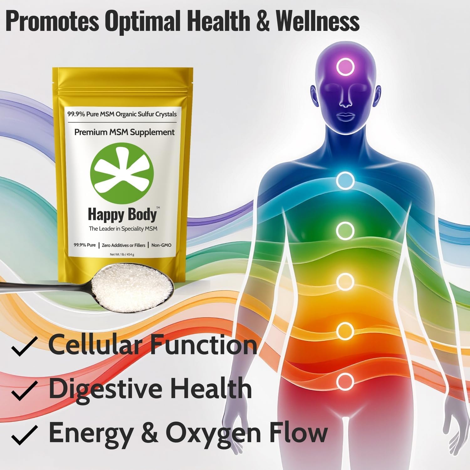 HAPPY BODY cristales a granel sobre superficie mostrando contenido