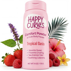 HAPPY CURVES envase frontal Tropical Oasis mostrando tamaño y diseño beneficios prácticos