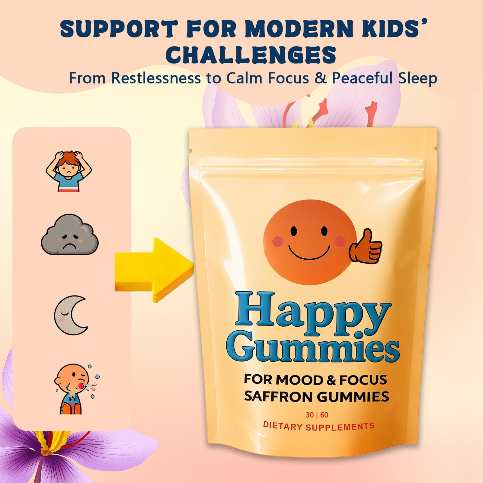 Happy Gummies etiqueta informativa en close-up, facilita revisar ingredientes y uso